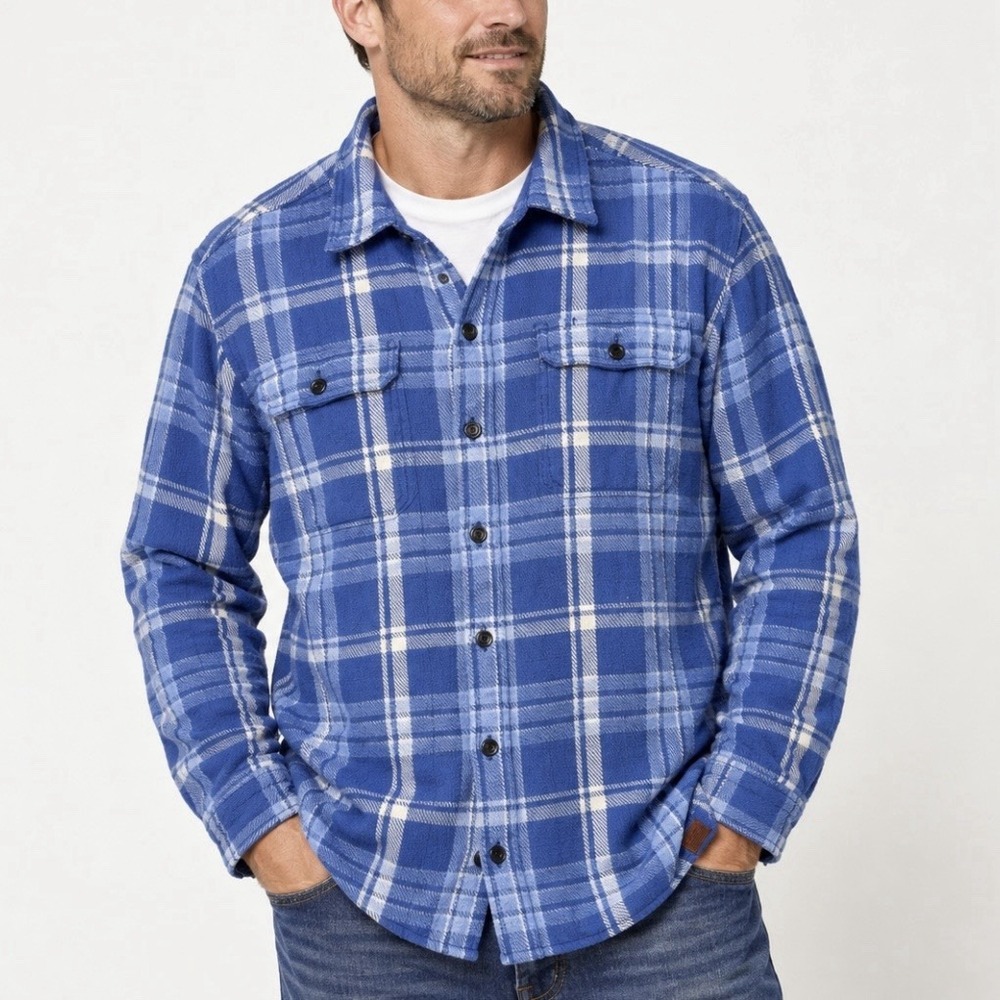 LL Bean Blue Plaid 1912 Overshirt Button Up Flannel Shacket Pockets Size XXL 2X